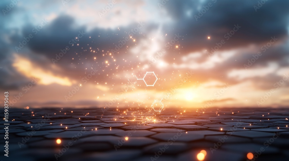 Aufkleber abstract representation of science and technology featuring glowing hexagons amidst a dynamic sunset