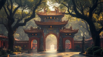 Fototapeta premium Ornate Chinese Temple Gate Under Majestic Trees