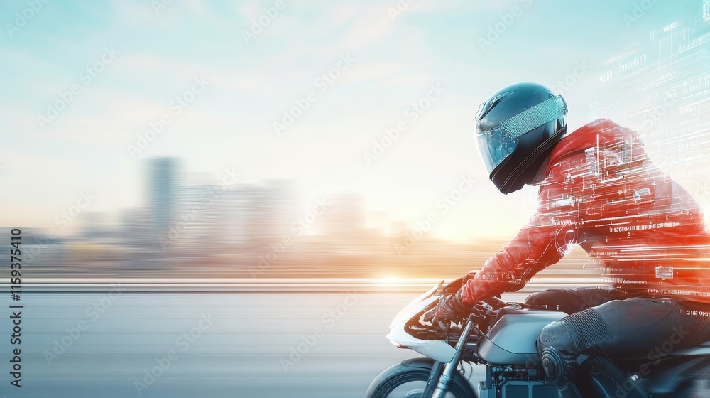 Poster dynamic motorcycle rider in urban setting with motion blur and digital elements, capturing speed and