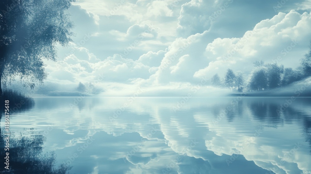 Poster calm waters of a lake mirror fluffy clouds and lush trees under a soft morning light, creating a pea