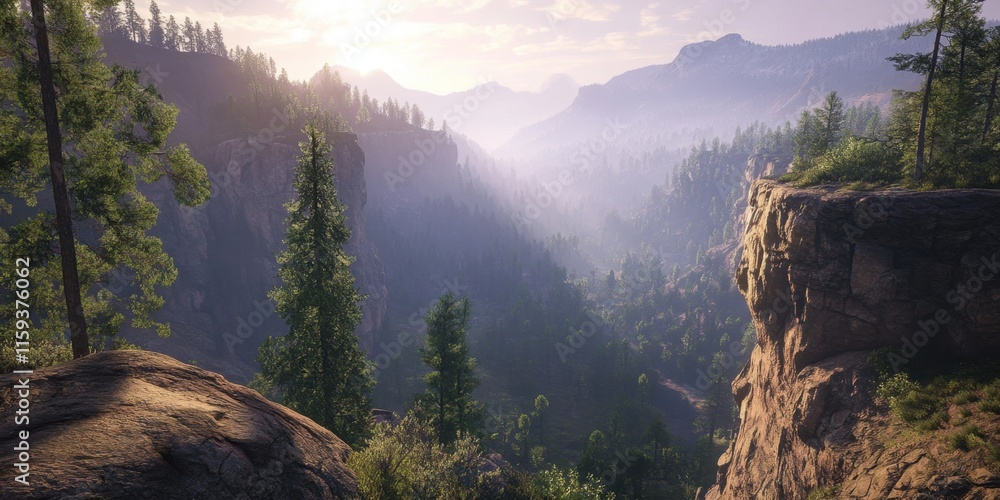 Poster sunlight filters through the trees, illuminating a vast valley with towering mountains in the backgr