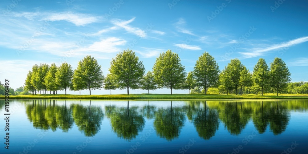 Poster a serene lakeside setting features a row of vibrant green trees mirroring in calm waters, with fluff