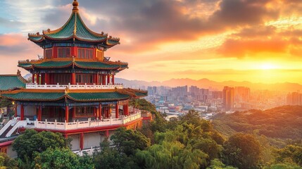 Obraz premium Chinese Pavilion Overlooking City Sunset Landscape