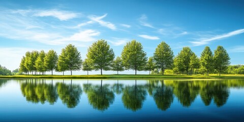 Obraz premium A serene lakeside setting features a row of vibrant green trees mirroring in calm waters, with fluffy white clouds scattered in the bright blue sky. Generative AI