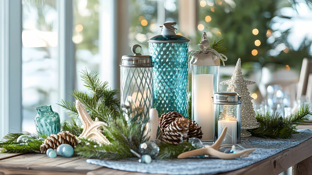 Coastal christmas decor, christmas decor with seaglass lanterns, coastal greenery, and ocean-themed accents on a driftwood table evokes a serene beach holiday vibe. Seabreeze. Illustration