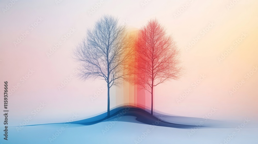 Poster ethereal landscape with two trees surrounded by soft color gradients and misty atmosphere, creating 