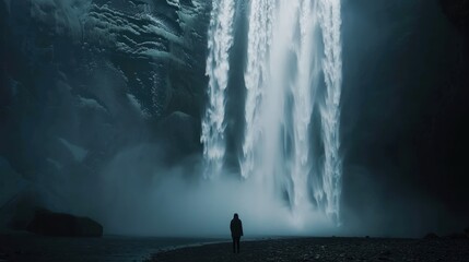 Solitary figure gazing at a powerful waterfall cascading down a dramatic cliff face in a misty, dark landscape.