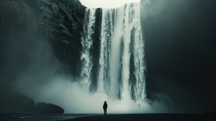 Obraz premium Majestic waterfall cascading down dark cliffs, solitary figure stands in awe.