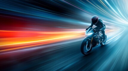 Fototapeta premium High-Speed Motorcycle Racing Through Dynamic Light Trails Creating a Vibrant Motion Effect Capturing the Thrill of Adventure on a Modern Sportbike