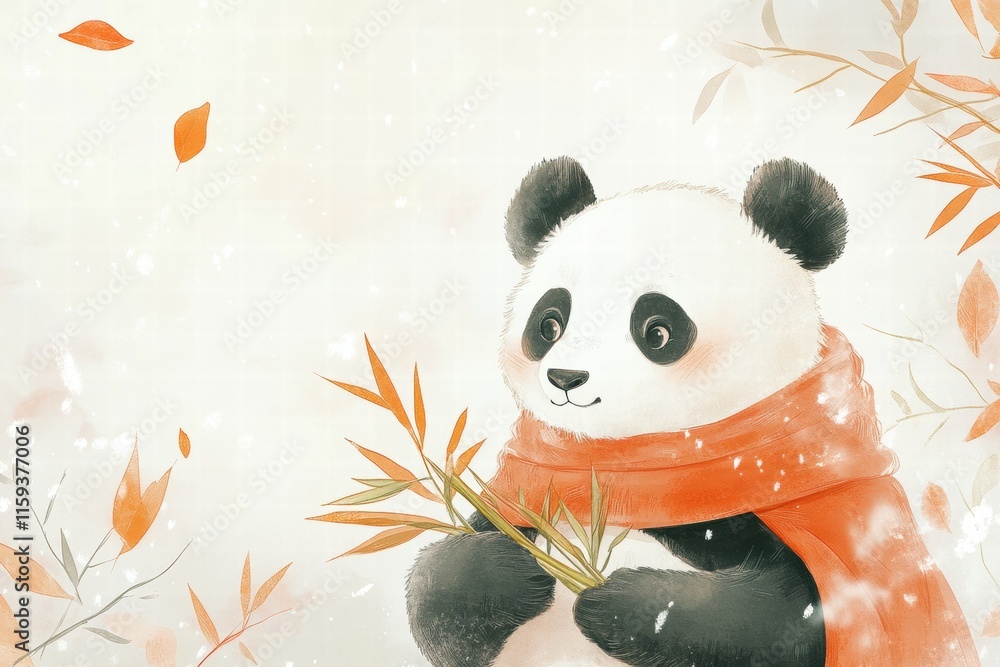 Leinwandbilder charming panda in a cozy scarf enjoys bamboo surrounded by autumn leaves and gentle snowfall in a se