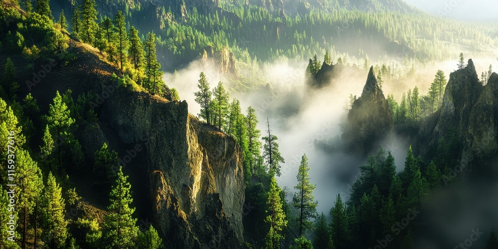 Poster lush green trees tower over steep cliffs, while morning fog lingers in the valleys, creating a tranq
