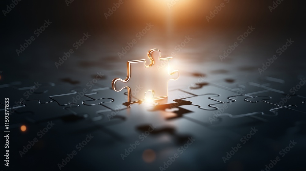 Aufkleber shining puzzle piece placed on dark puzzle background with glowing light reflection, symbolizing con