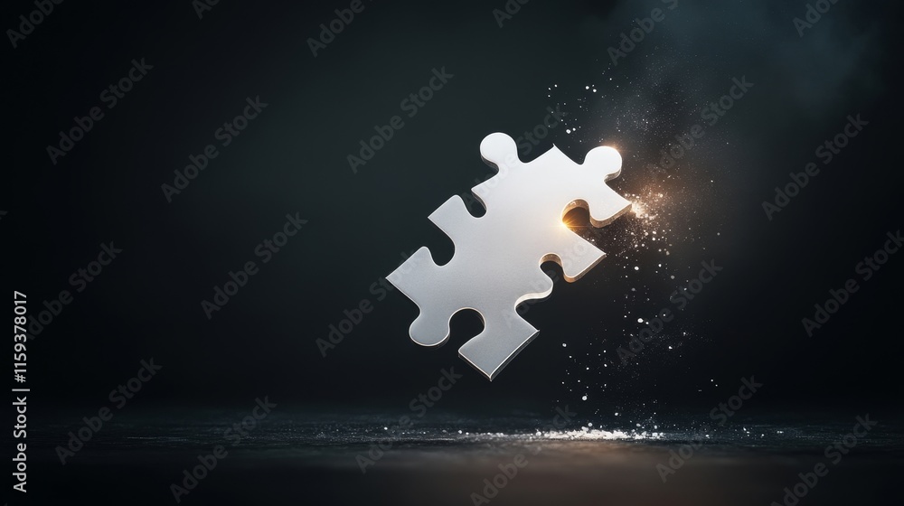 Poster shining silver puzzle piece with dynamic sparks and dramatic lighting, symbolizing solutions and cre