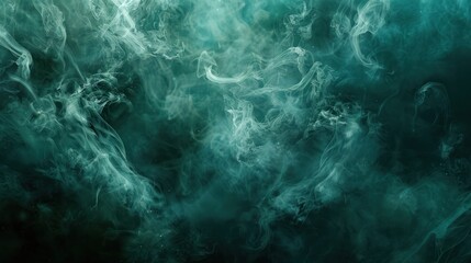 Abstract teal smoke swirls against a dark background.