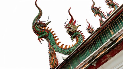 Fototapeta premium Colorful dragon sculptures atop temple roof.