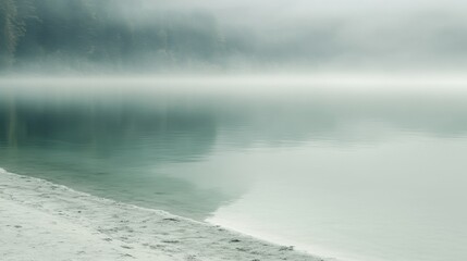 Obraz premium Fog envelops a quiet lake, creating a peaceful atmosphere at dawn. The still water mirrors the gentle light, enhancing the tranquil setting. Generative AI