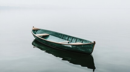 Naklejka premium Lonely boat on misty lake with calm reflections