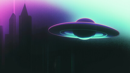 UFO flying saucer over the city, copy space, holographic and artistic gradient colors technological glitch concept web banner