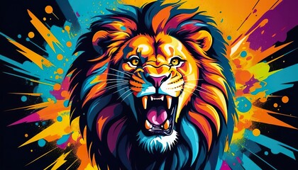 Colorful lion head roaring against vibrant splash background.