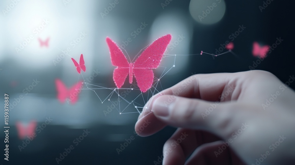 Poster captivating digital butterflies: a hand interacting with floating pink butterfly graphics in a moder