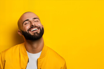 Obraz premium Close-up of a smiling bald man in a vibrant yellow jacket, radiating positivity and happiness against a bold yellow background