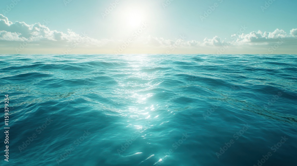 Poster bright sunlight glimmers on the surface of calm ocean waters, creating a serene atmosphere with soft