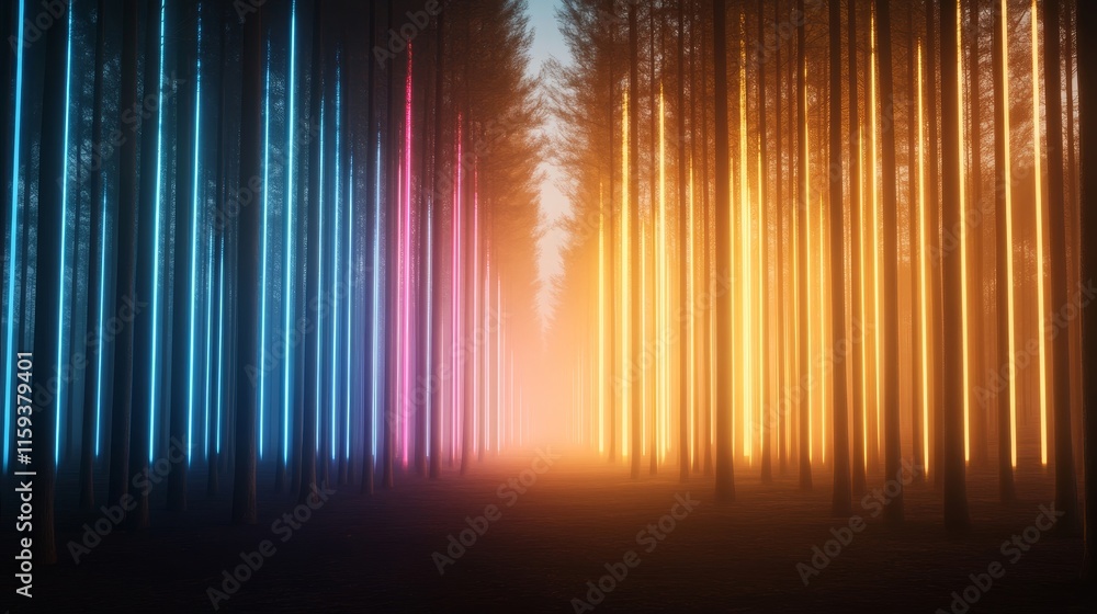 Poster ethereal forest path with colorful neon lights in mysterious fog, enchanting scene of nature blendin