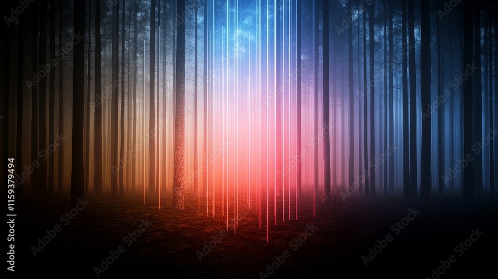 Aufkleber ethereal forest with colorful light beams piercing through fog, creating a mystical and surreal atmo