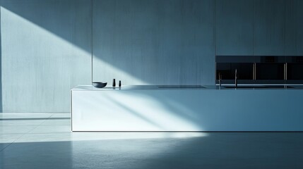 Modern minimalist cooking area with minimal furniture. Featuring a clean, open design with sleek lines