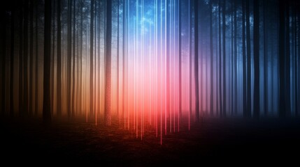 Ethereal Forest with Colorful Light Beams Piercing Through Fog, Creating a Mystical and Surreal Atmosphere in a Tranquil Natural Setting