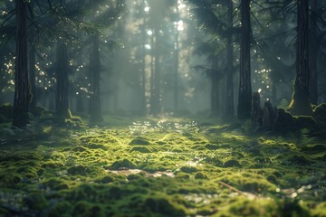 A serene forest scene illuminated by sunlight filtering through tall trees, showcasing vibrant moss and tranquility.