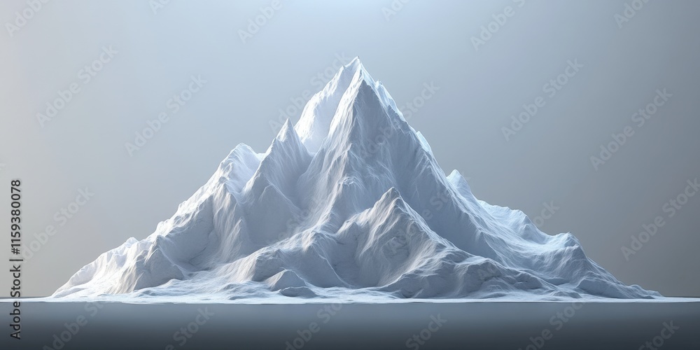 Poster towering mountain peak covered in snow rises dramatically against a soft, cloudy sky, illuminated by