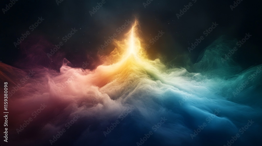 Poster vibrant abstract colorful smoke waves emanating from a central point against a dark background, crea