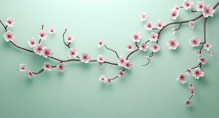 Spring breeze with flower petals swirling delicately on a pastel blue background.