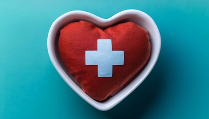 Obraz premium Heartfelt Symbol: A red heart with a white cross, nestled in a heart-shaped dish, against a vibrant turquoise background. This image evokes feelings of compassion, care, and hope.