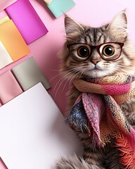 Cat as fashion designer Wearing Stylish Glasses Stylish cat fashion designer with trendy glasses Whimsical feline creating couture designs Fashion-forward cat with chic eyewear