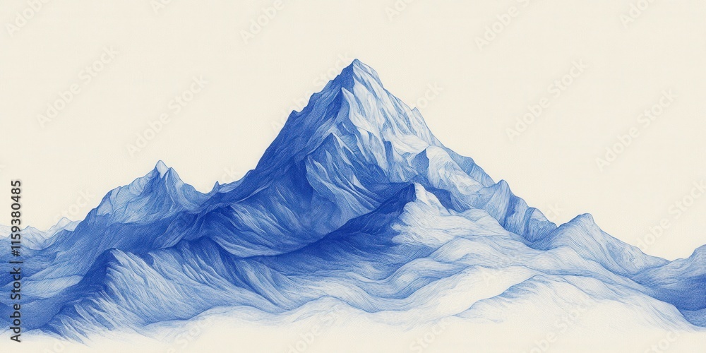 Poster a beautiful mountain range depicted in varying shades of blue, featuring sharp peaks and soft valley
