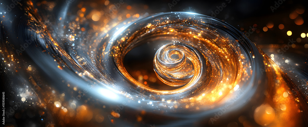 Poster abstract swirling vortex with glowing particles and metallic textures.