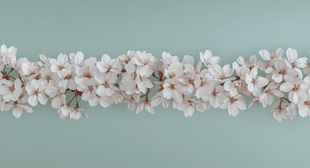Spring breeze with flower petals swirling delicately on a pastel blue background.