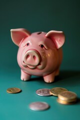 Smiling pink ceramic bank, coins falling from mouth.