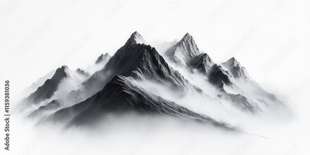 Poster a captivating mountain range rises dramatically, enveloped by soft mist, creating a mystical atmosph