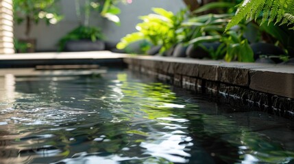 Naklejka premium Peaceful and serene outdoor area with a small koi pond, surrounded by lush green plants, rocks, and flowering shrubs.