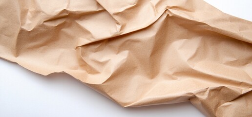 Crumpled brown paper on a white background, creating texture and depth.