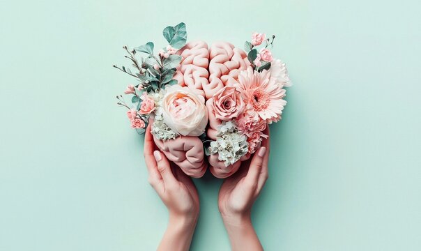 Hands cradling a paper brain adorned with flowers symbolizes self care and the beauty of positive thinking