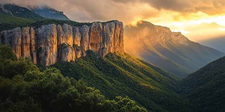 Vibrant colors illuminate the jagged cliffs and rolling hills as the sun sets behind towering mountains, casting a golden glow across the valley. Generative AI - Powered by Adobe