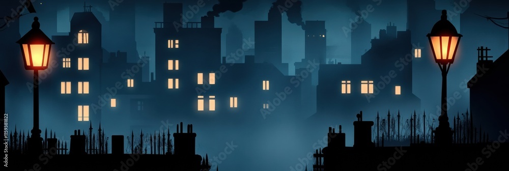 Aufkleber dark cityscape with faintly illuminated windows casting a mysterious glow at night. generative ai