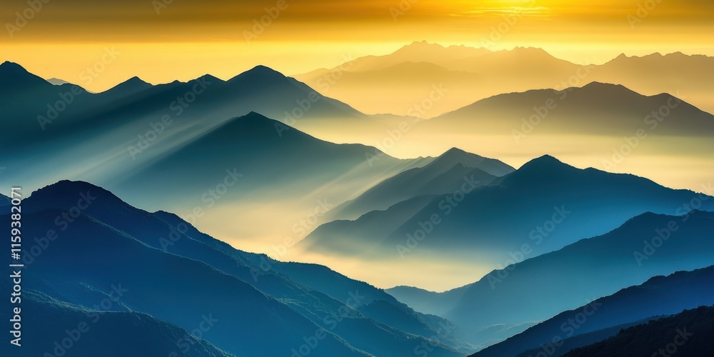 Poster sunlight breaks through clouds at dawn, casting a warm glow over layered mountains, creating a seren