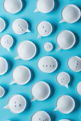 3D speech bubble illustration on blue background, representing communication or social media interaction. The artwork is modern and abstract with a flat design approach.