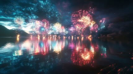 A stunning outdoor New Yeara??s fireworks display over a serene lake, reflecting vibrant colors on the watera??s surface, creating a magical ambiance.