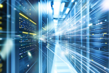 Obraz premium high-speed data transfer in futuristic server room